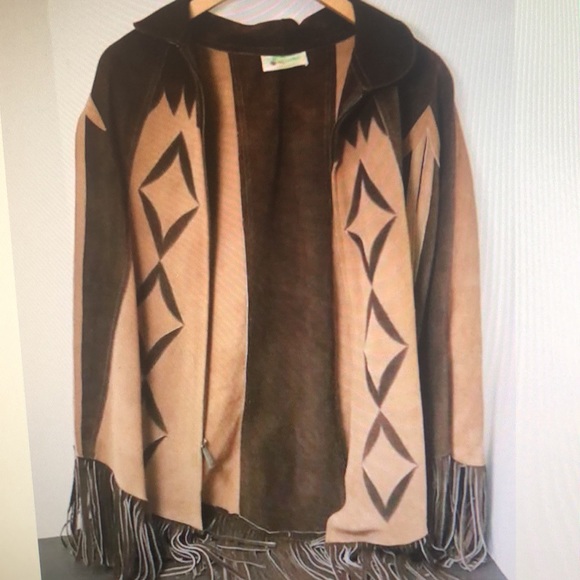 Other - Brown leather poncho with fringe zips up the front colors are tan and brown